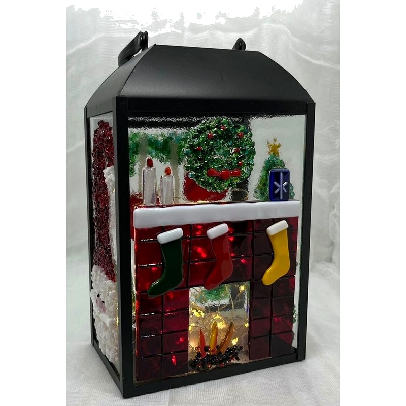 Christmas Fireside — fused glass lantern