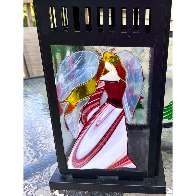 Red Gown Angel — fused glass lantern