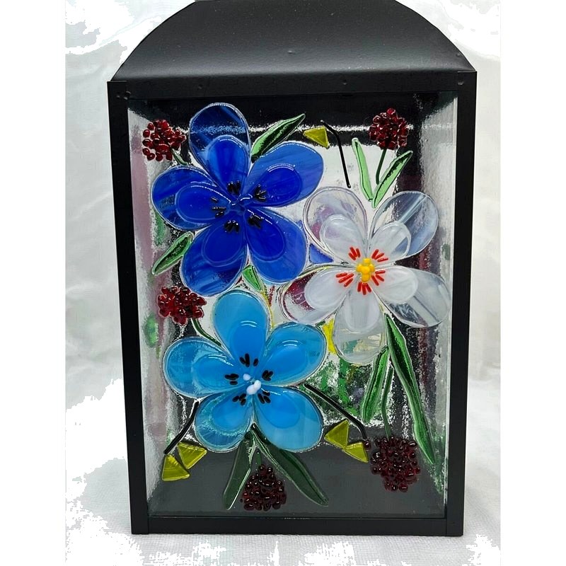 Blue Blossoms — fused glass lantern