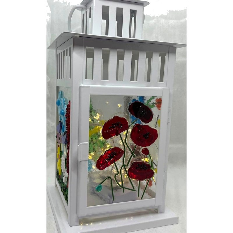 Red Poppies — fused glass lantern