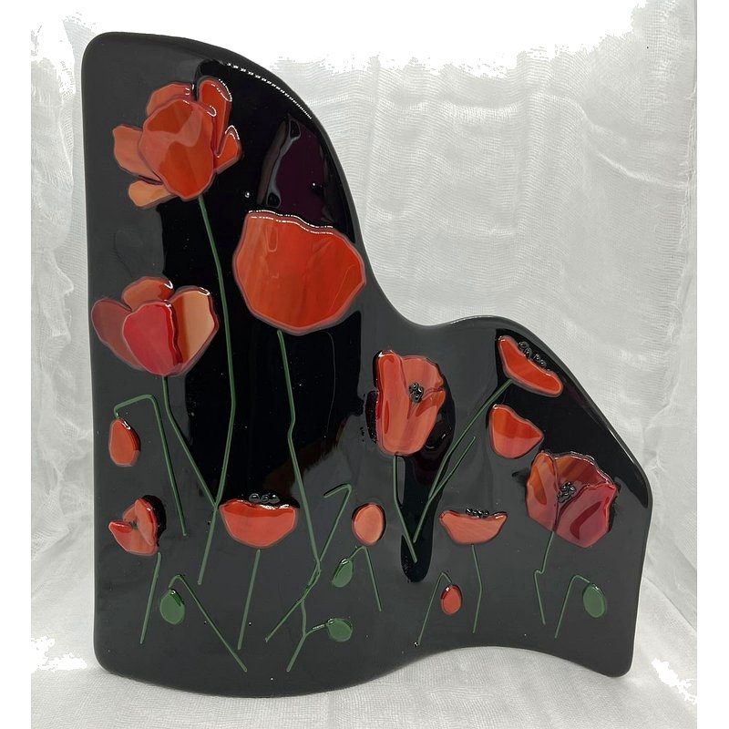 Poppies on Black — fused glass glass art
